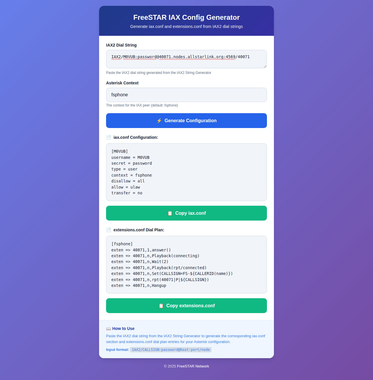 IAX2 Config Generator